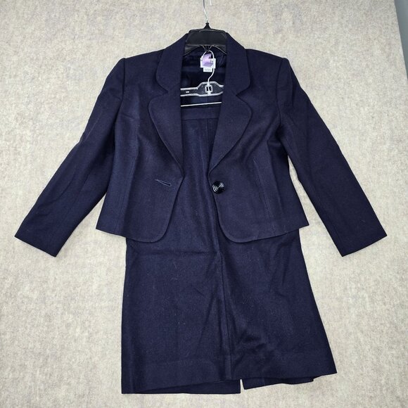 Koret Petites Jacket & Skirt Navy 2-Piece Suit Wool Blend Full Lined Good Size 6 - Picture 1 of 14